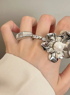 欧美夸张冷淡风金属花朵戒指女小众高级感锆石食指戒个性百搭指环