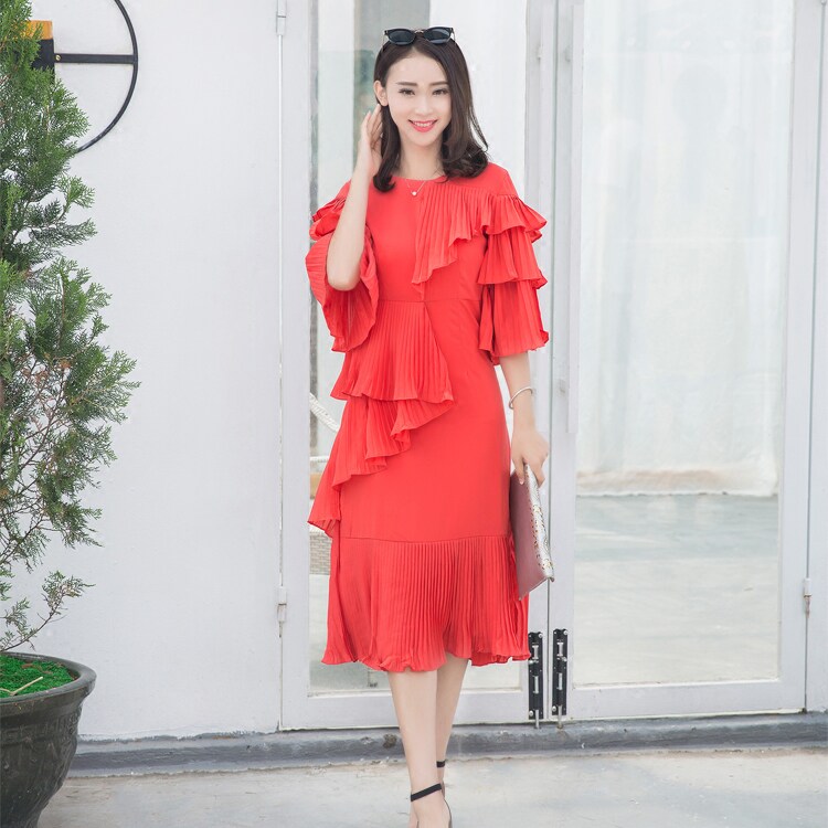 清仓 雪纺荷叶边公主百褶裙长裙淑女气质高端洋气连衣裙减龄通勤