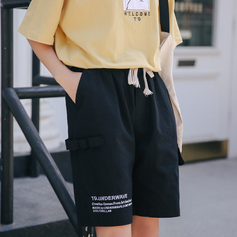 Real shot high waist elastic lace up sports casual pants loose and thin embroidery straight tube hot pants suit