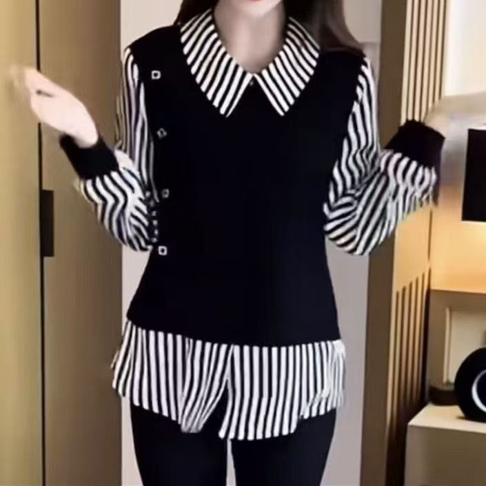 洋气减龄假两件上衣衬衫女士2025初秋流行新款小个子漂亮上衣小衫