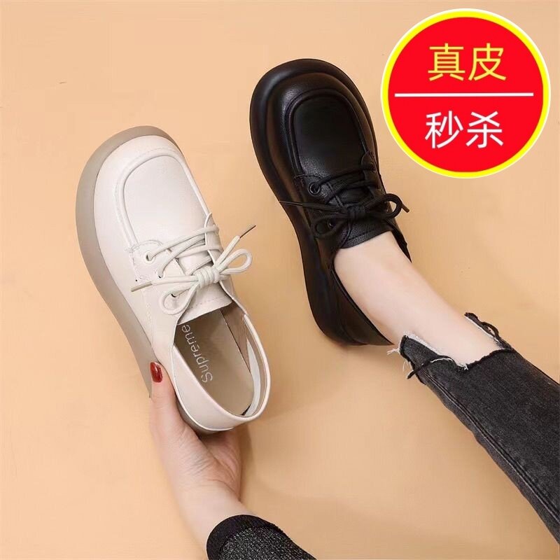 英伦风真皮小皮鞋女圆头系带乐福鞋低至30元