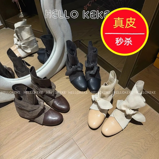 蝴蝶结舒适轻便风真皮短靴女百搭拼色小跟款靴子2026年秋季时装靴