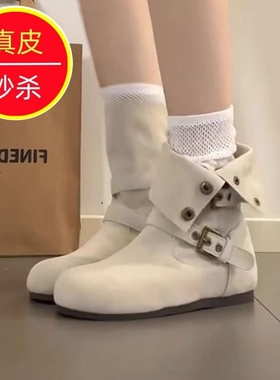 专柜2025新款冬季复古扣带堆堆靴女中筒内增高百搭显瘦褶皱靴子