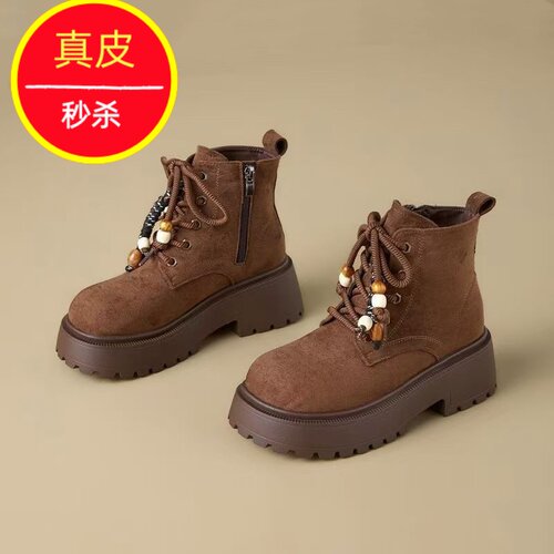 棕色磨砂工装靴个性编织鞋带女靴
