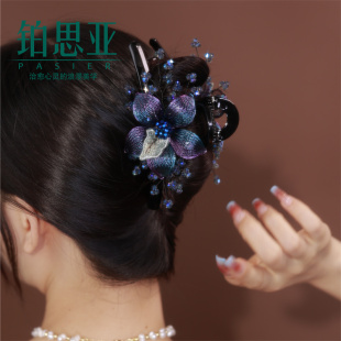韩国高档手工铜丝编织花朵抓夹轻奢水晶后脑勺优雅盘发大号鲨鱼夹