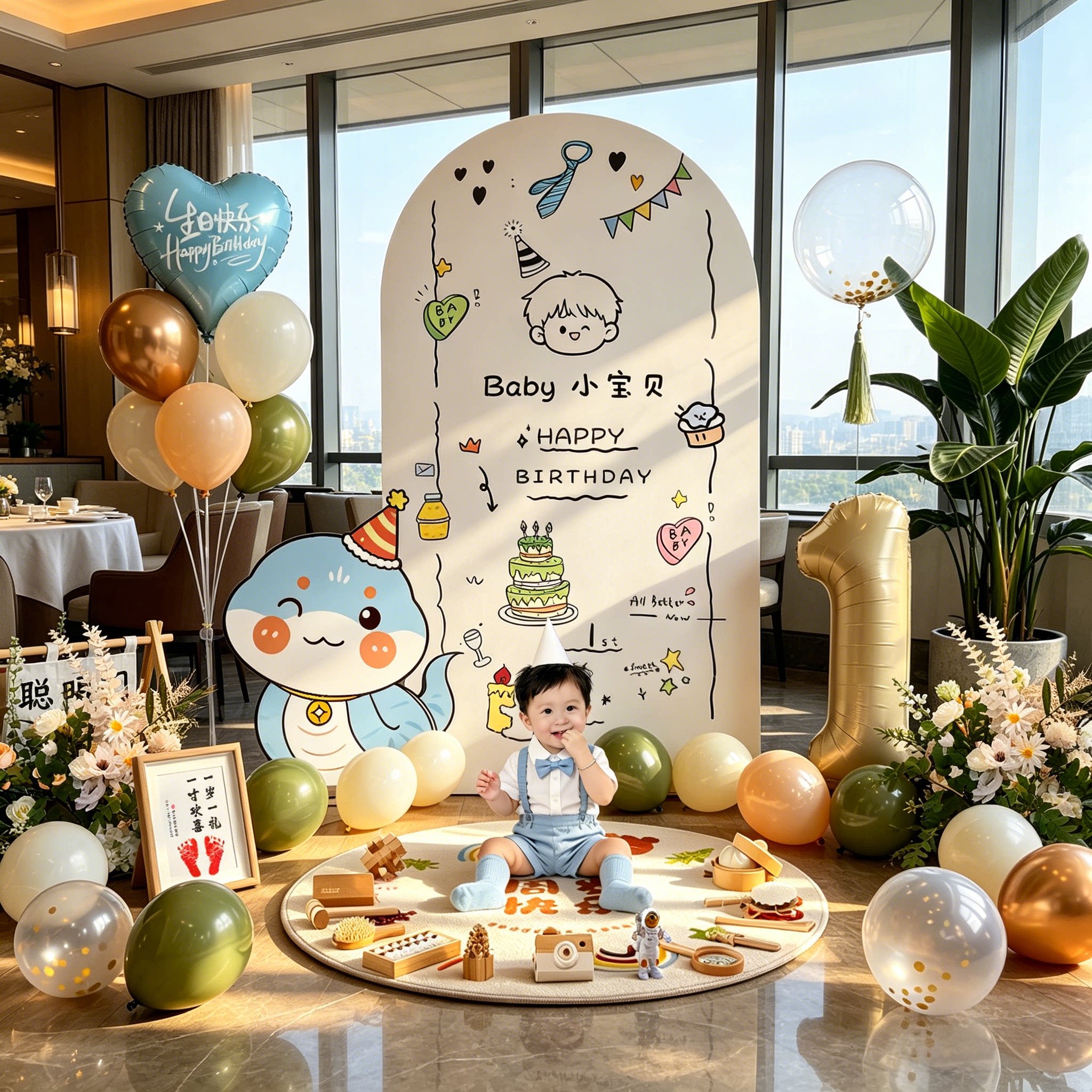 宝宝一周岁生日场景布置氛围感装饰男孩女孩ins风抓周背景墙kt板