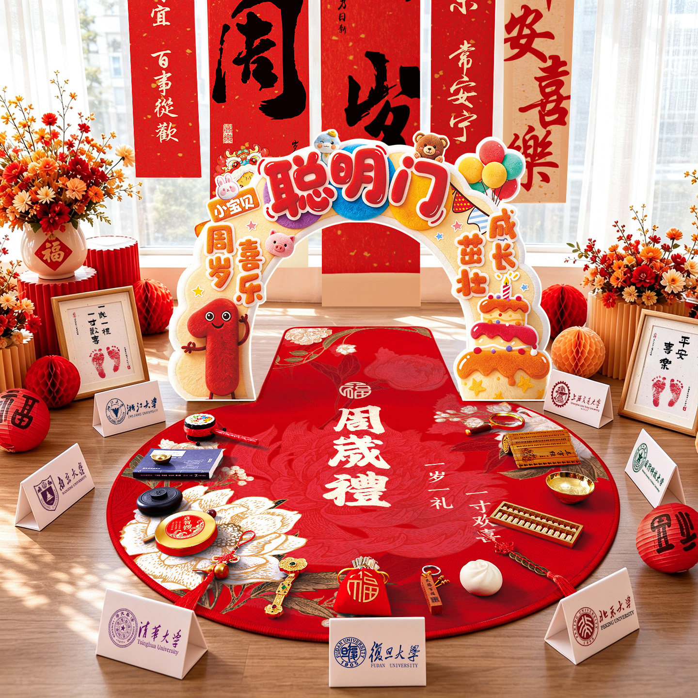 一周岁抓周道具用品全套生日场景布置装饰用品女宝宝男孩抓阄地毯