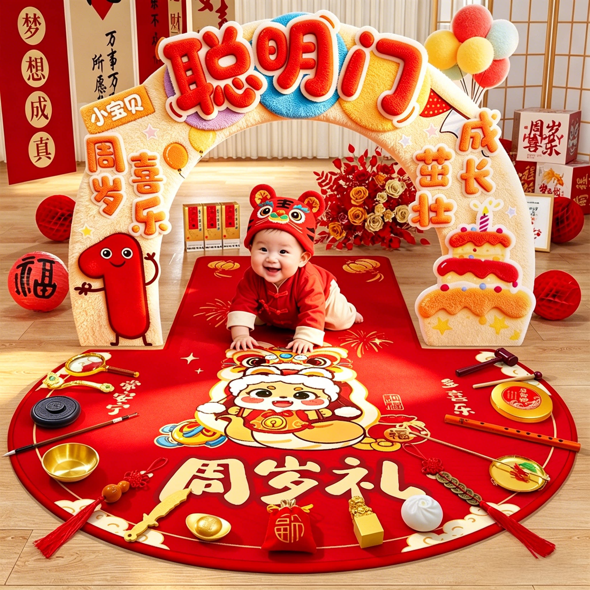 抓周道具女宝宝男孩一周岁生日场景布置装饰用品套装抓阄仪式摆件