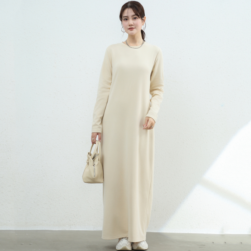 秋冬日系纯色超柔过膝长裙女圆领长款连衣裙外穿百搭加绒打底长裙