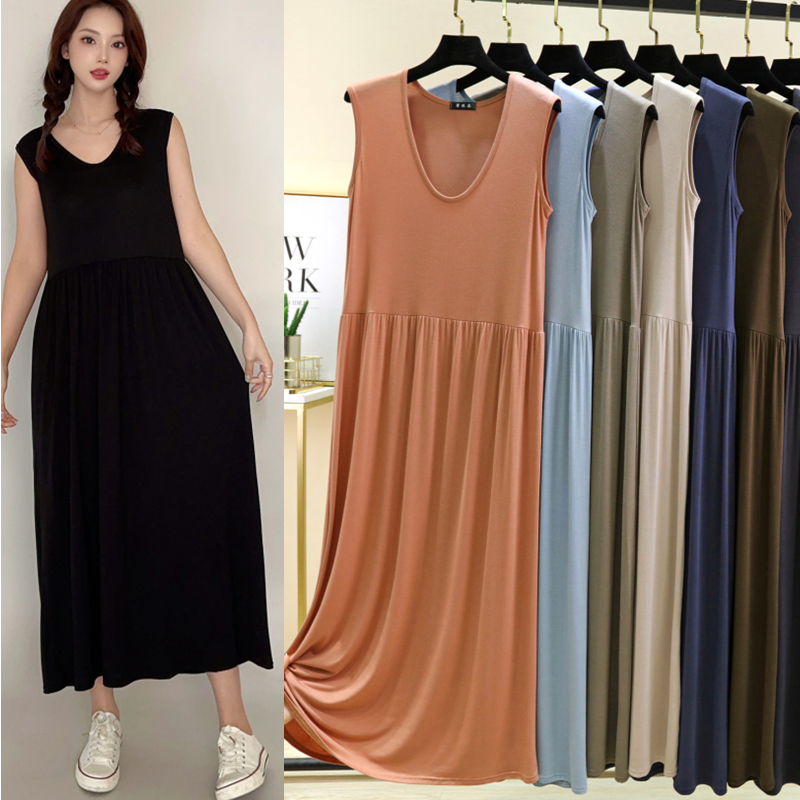 春夏薄款莫代尔长裙宽松直筒裙背心打底裙外穿过膝拼接连衣裙大码