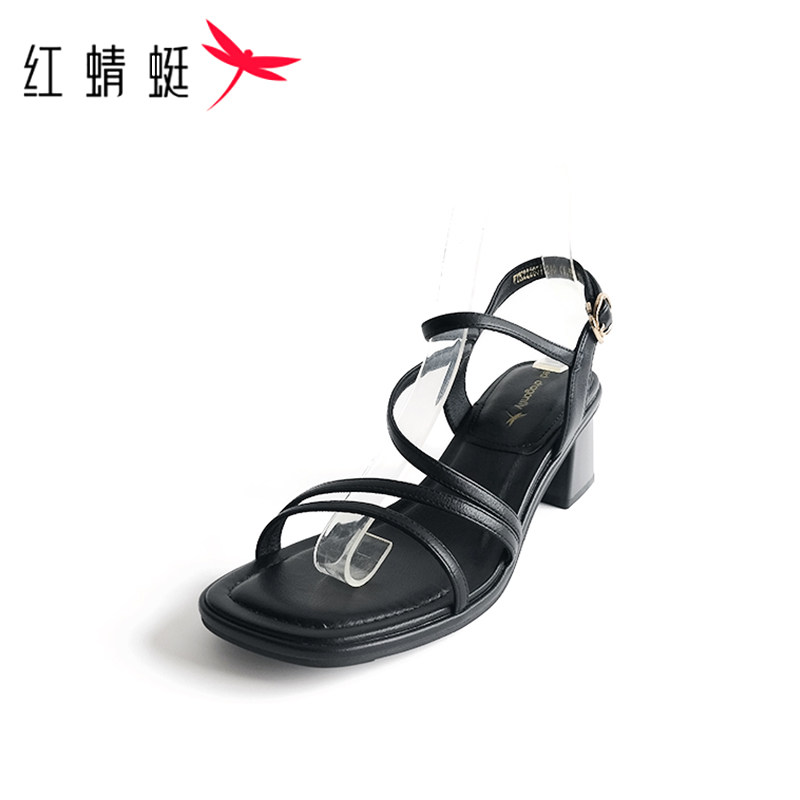 红蜻蜓春夏款女士不累脚时装凉鞋舒适包头穆勒鞋时尚休闲粗跟凉鞋