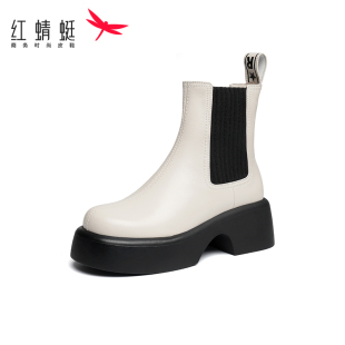 红蜻蜓秋冬款时尚女士厚底真皮切尔西靴通勤粗跟女靴复古及踝短靴