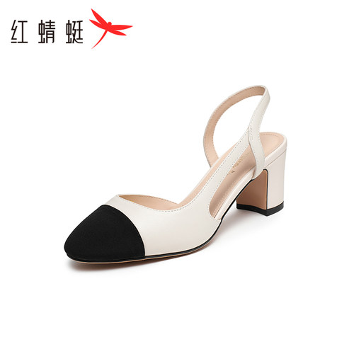 REDDRAGONFLY/红蜻蜓女士通勤粗高跟一脚蹬尖头时装凉鞋WFV23132