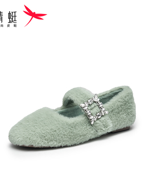 REDDRAGONFLY/红蜻蜓平底加绒保暖浅口水钻一字扣带单鞋WTC32035