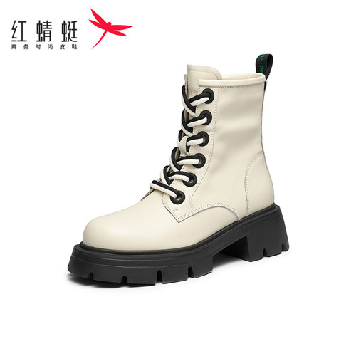 红蜻蜓真皮双系带短筒马丁靴