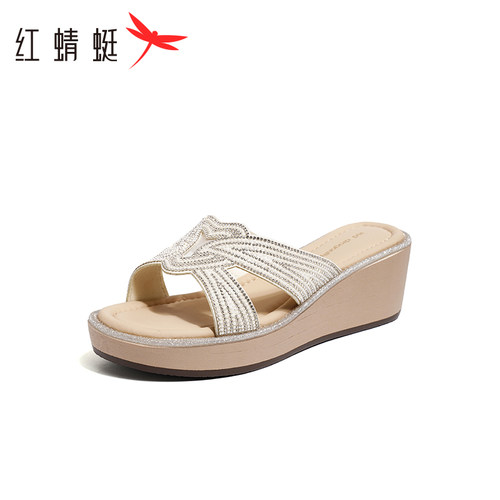 REDDRAGONFLY/红蜻蜓夏季女士优雅水钻圆头坡高跟凉拖鞋WFK24034