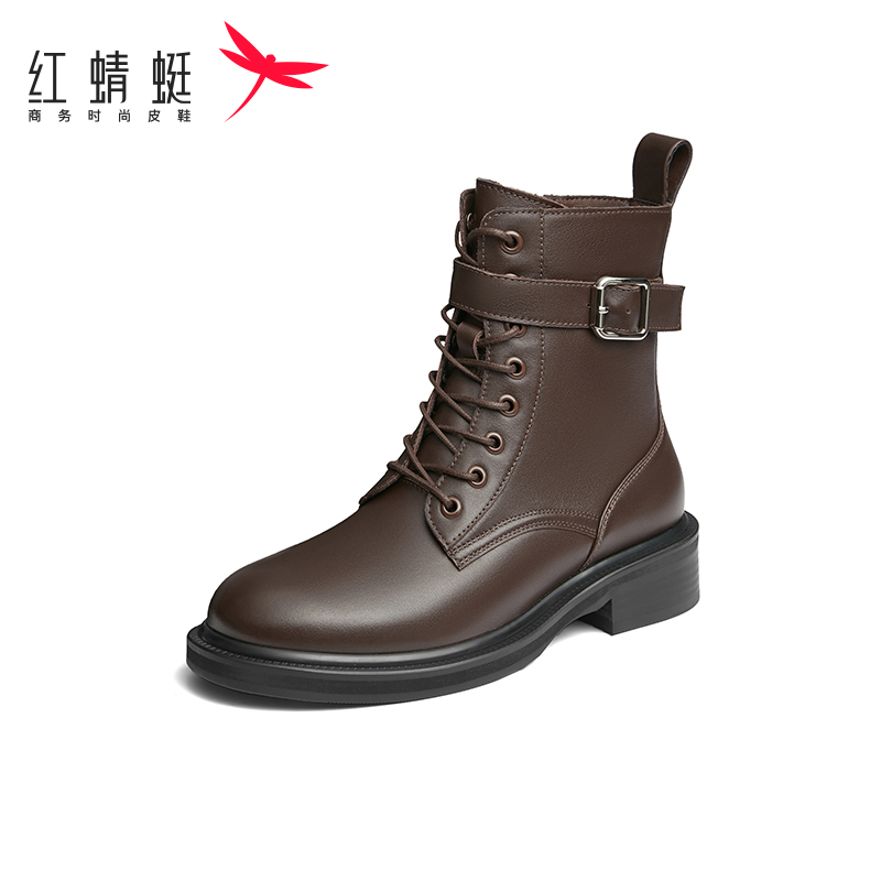 红蜻蜓真皮厚底机车短靴