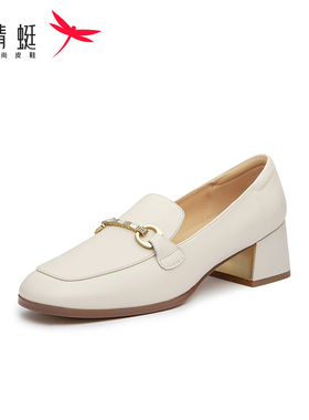 REDDRAGONFLY/红蜻蜓春季通勤乐福鞋真皮粗跟一脚蹬女鞋WFB12105