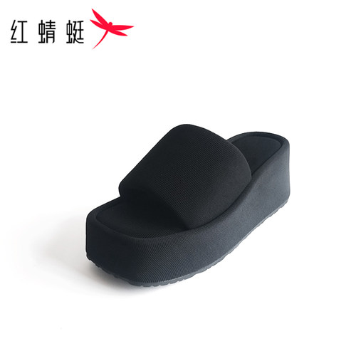 REDDRAGONFLY/红蜻蜓女士韩版布面坡高跟出街一字凉拖鞋WLK24806