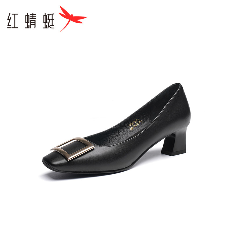 红蜻蜓春秋款女士欧美风尖头粗跟皮鞋通勤浅口高跟鞋一脚蹬女单鞋