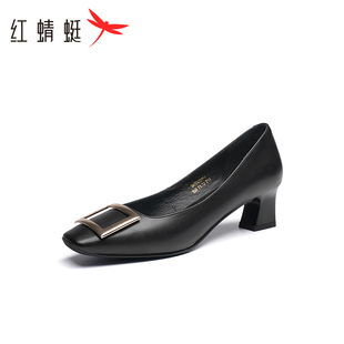 红蜻蜓春秋款女士欧美风尖头粗跟皮鞋通勤浅口高跟鞋一脚蹬女单鞋
