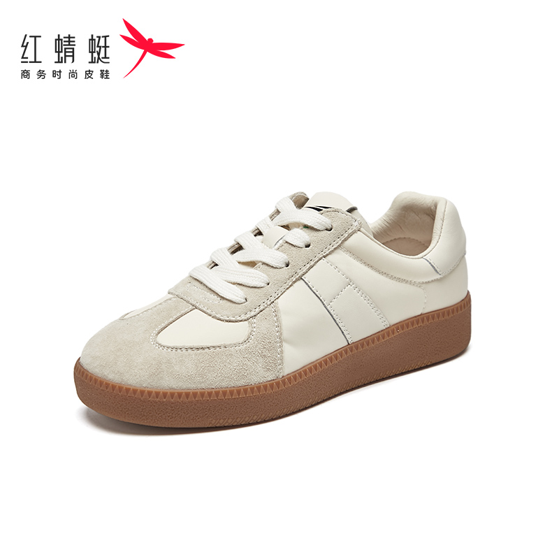 红蜻蜓春秋季女士厚底老爹鞋真皮拼接运动跑步鞋系带透气休闲女鞋