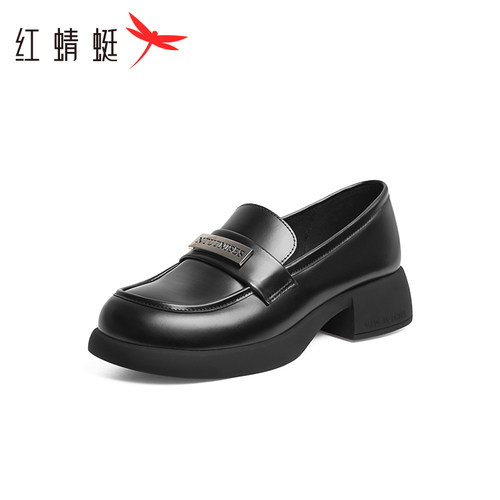红蜻蜓春秋款女士英伦风乐福鞋系带粗跟小皮鞋通勤柔软牛皮女单鞋