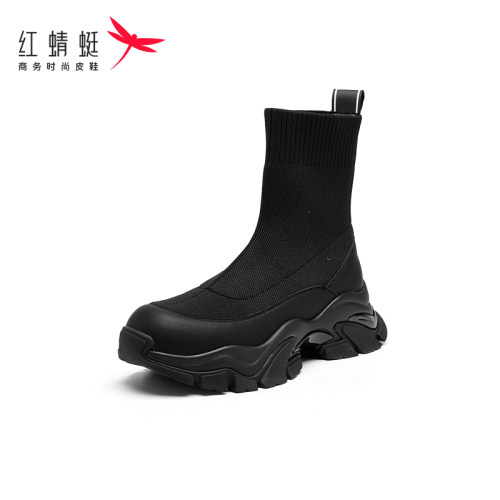 REDDRAGONFLY/红蜻蜓时尚中筒皮革织物厚底舒适弹力靴女MC3201249