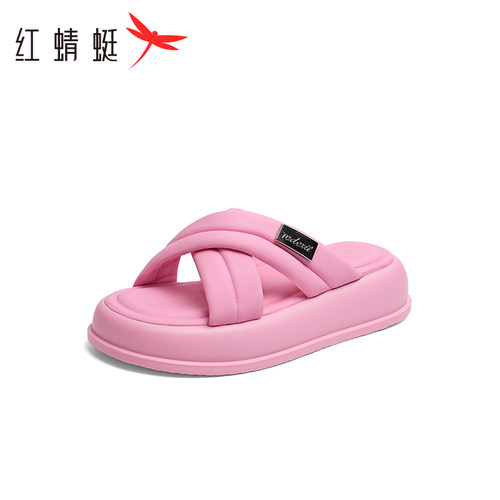 REDDRAGONFLY/红蜻蜓夏季女士甜美风粉色厚底休闲凉拖鞋WBK24115