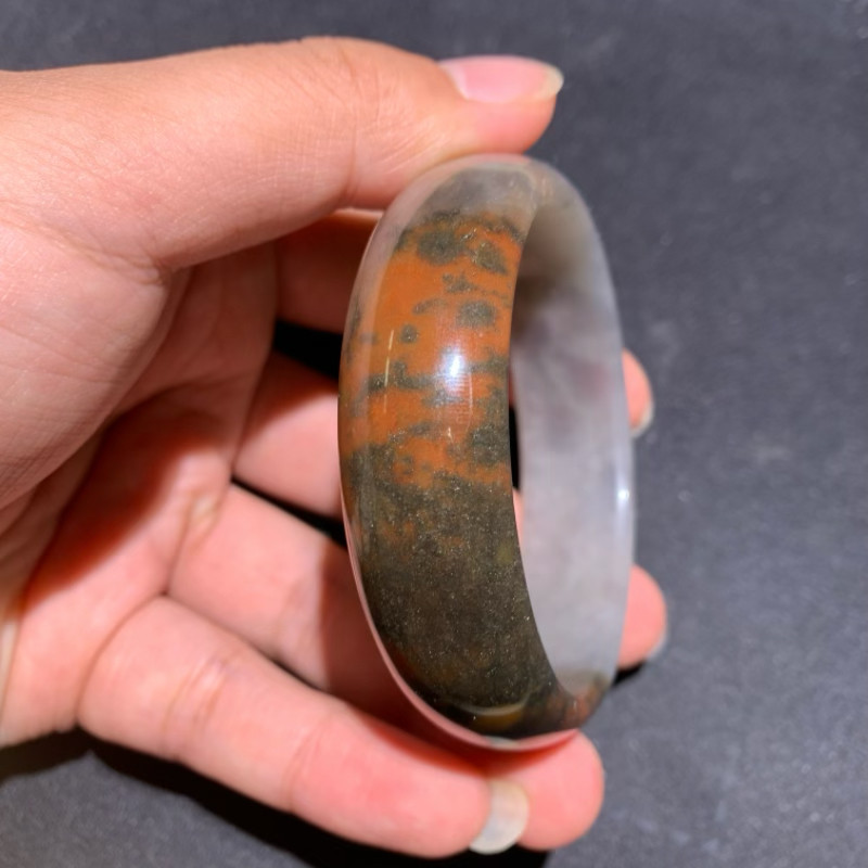 新疆乌尔禾金丝玉红黑花彩玉冻光手镯59口肉质细腻含金沙地表籽料