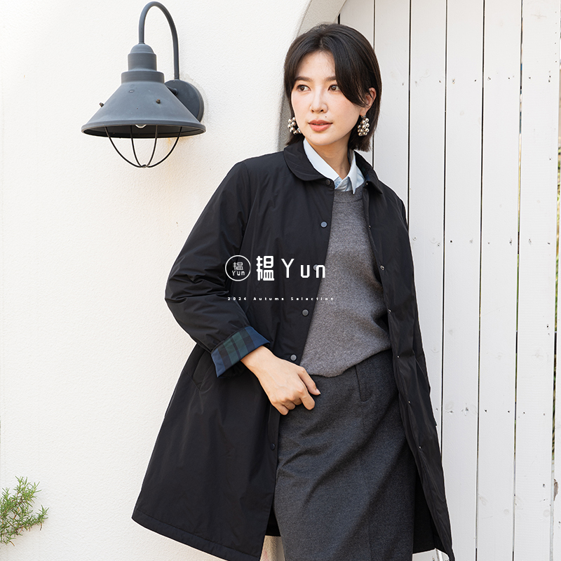 YUN韫2025冬季新品女翻领休闲单排扣风衣式简约长款夹棉外套6068