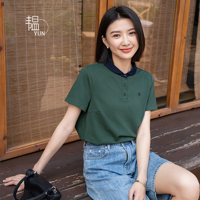短袖简约薄款配色领针织棉女