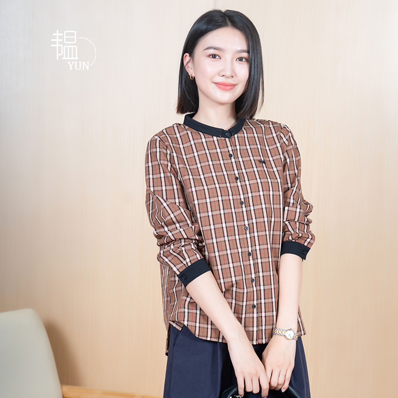 【YUN】韫2024秋季新品女翻领单排扣格纹控休闲减龄撞色长袖衬衫