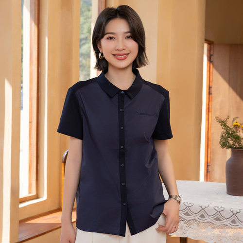 YUN韫2025夏季新款女舒适透气时尚感拼接单排扣短袖衬衫上衣5666
