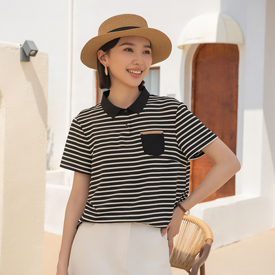 YUN韫2025夏季新品女装翻领撞色黑白条纹针织休闲女装短袖T恤5556