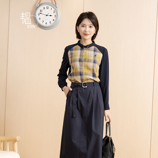 YUN 百搭衬衫 韫2025春季 女前片拼色格子单排暗扣长袖 上衣 新品