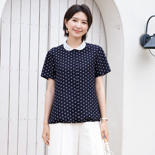 YUN韫2026夏季新品女文艺欧根纱撞色领印花雪纺短袖衬衫上衣 6197