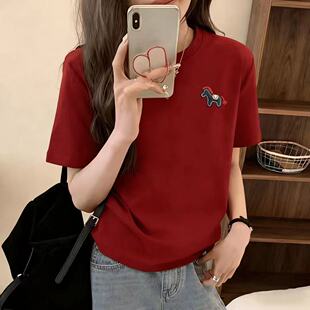 百搭t恤宽松大码 正肩小马刺绣短袖 春夏季 新款 棉上衣 T恤女2026上装