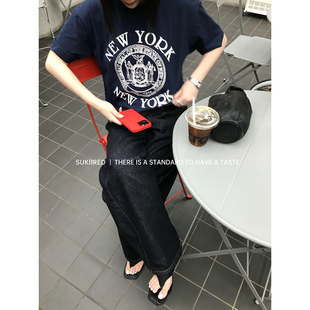 SukiiRED100棉宽松印花纽约徽章短袖 上衣.特 T恤女2025夏季 新款