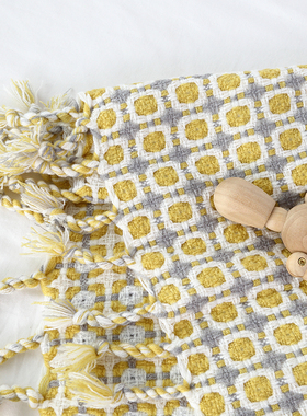 出口英国北欧针织黄色小方格沙发盖毯午睡毯床尾毯装饰毯民宿搭巾