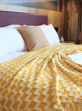 北欧美式黄色灰色波纹针织毯沙发毯民宿酒店床尾巾床尾毯床盖床旗