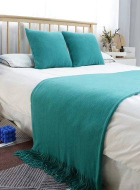 北欧美式加长纯色针织床旗湖绿色蓝色黄色民宿酒店床尾搭巾特价