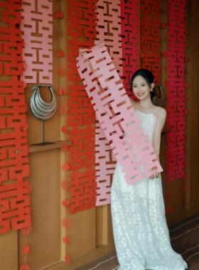 粉红色长条喜字女方结婚客厅装饰婚房布置新娘拍照道具晨袍囍婚礼