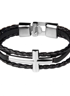 ins风非主流个性编织皮革手绳学生情侣手带简约不锈钢十字架手链