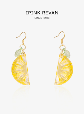 IPINK春夏黄色桔子透明925银水果耳饰可爱甜美清透感耳夹少女感