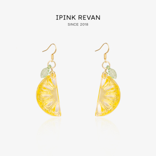 IPINK春夏黄色桔子透明925银水果耳饰可爱甜美清透感耳夹少女感