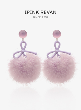 IPINK原创可爱水貂毛绒蝴蝶结耳环女紫色毛球耳饰冬天无耳洞耳夹