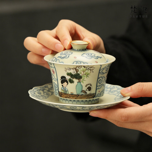手绘仕女图青花斗彩景德镇三才盖碗陶瓷功夫茶泡茶碗套装高档茶器