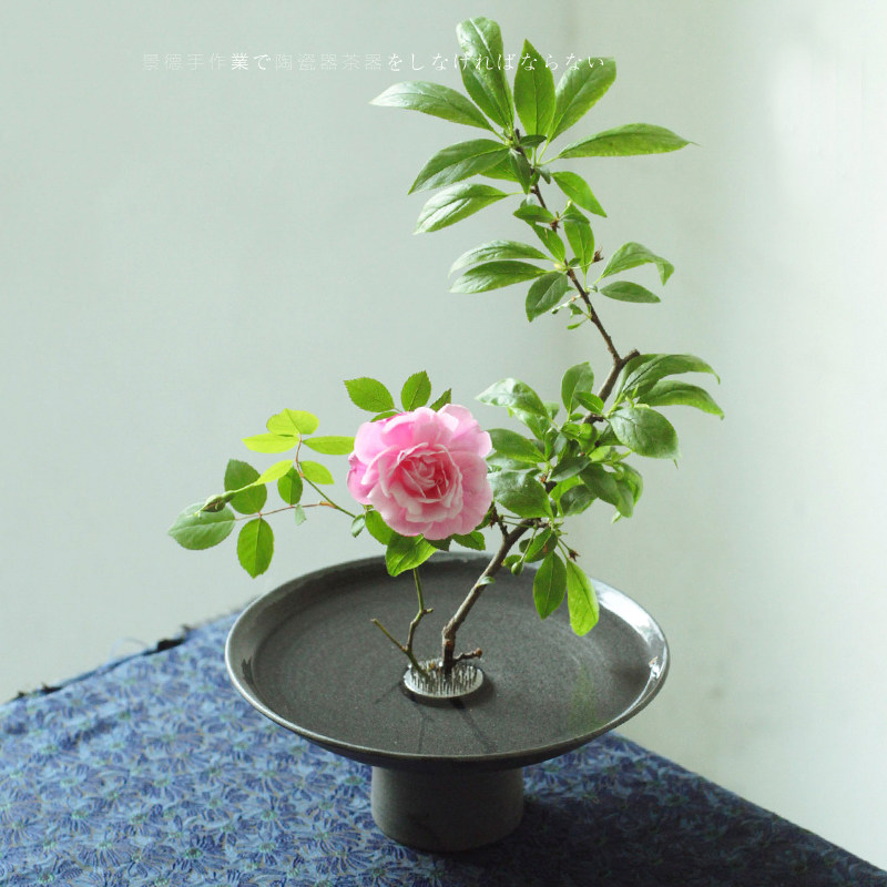 手工陶瓷花盆花器日式艺术插花用品禅意黑花插小源流茶室会所花道