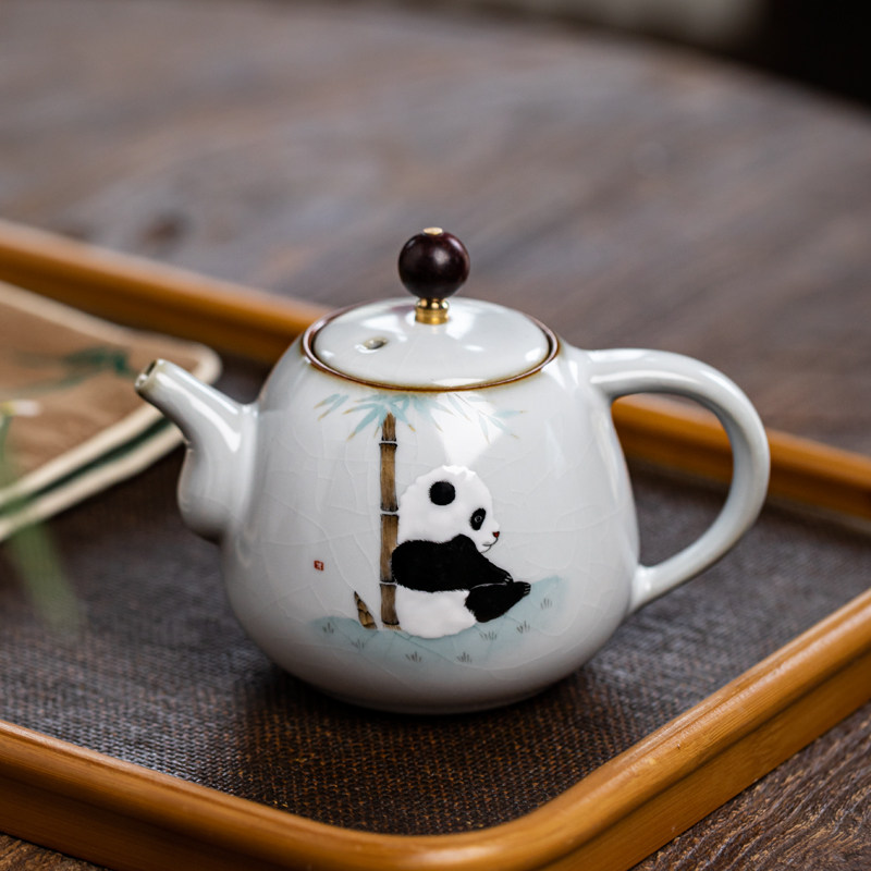 景德镇陶瓷手绘竹子熊猫开片可养汝窑古朴泡茶壶旅行便捷喝茶壶